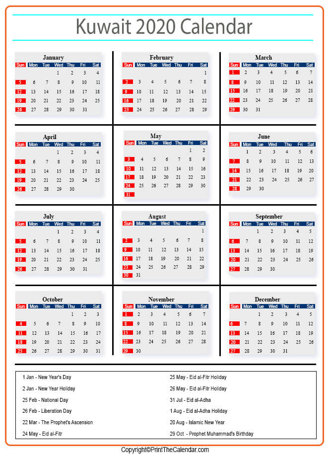 Kuwait Calendar 2020